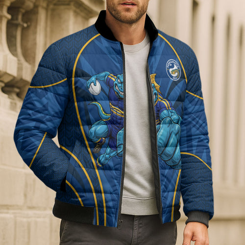 Parramatta Eels Rugby Mascot Bomber Puffer Jacket Australian Rugby Culture - Tribal Inspired Eel