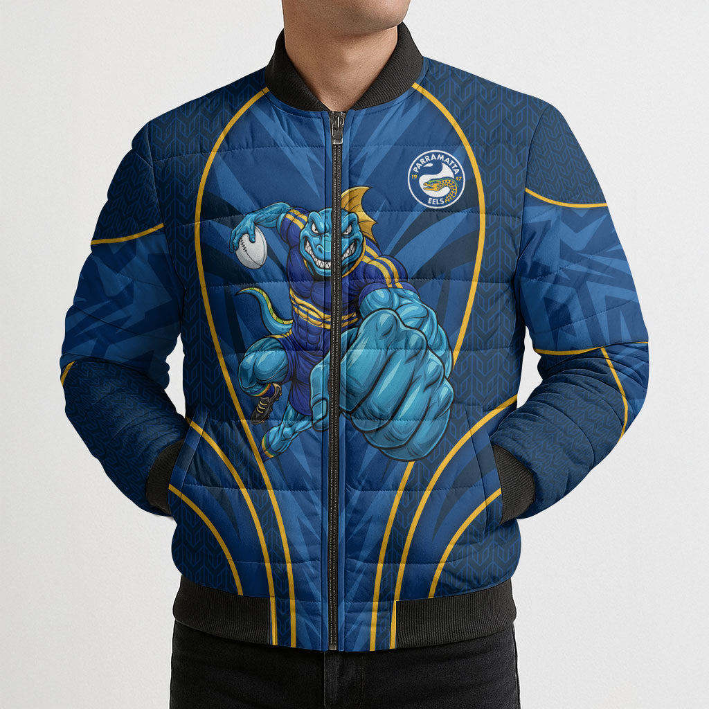 Parramatta Eels Rugby Mascot Bomber Puffer Jacket Australian Rugby Culture - Tribal Inspired Eel