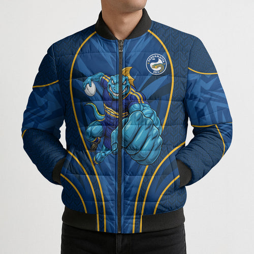 Parramatta Eels Rugby Mascot Bomber Puffer Jacket Australian Rugby Culture - Tribal Inspired Eel