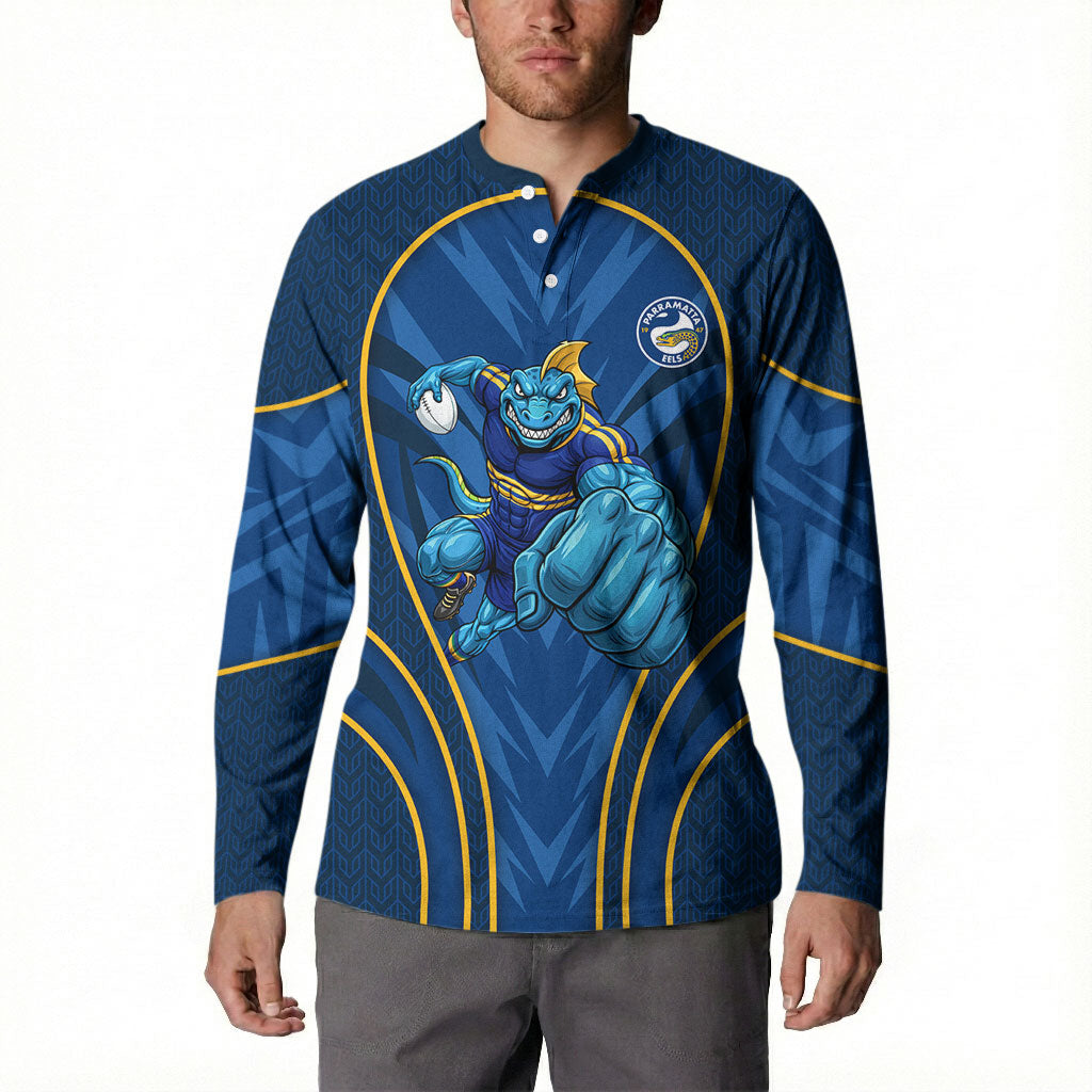 Parramatta Eels Rugby Mascot Button Sweatshirt Australian Rugby Culture - Tribal Inspired Eel