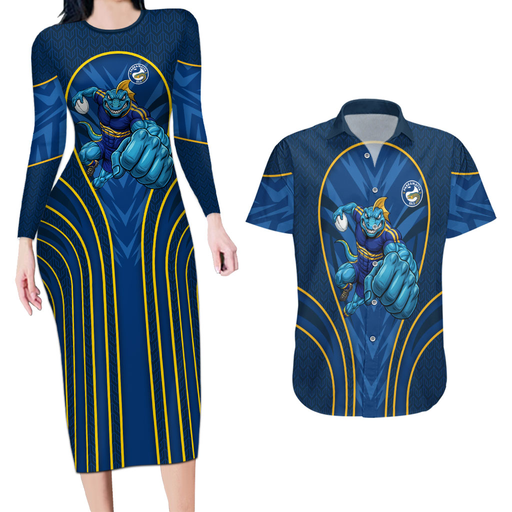 Parramatta Eels Rugby Mascot Couples Matching Long Sleeve Bodycon Dress and Hawaiian Shirt Australian Rugby Culture - Tribal Inspired Eel