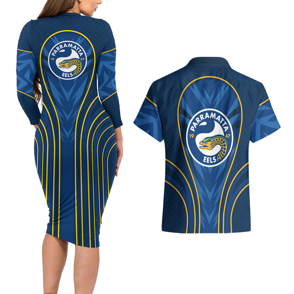 Parramatta Eels Rugby Mascot Couples Matching Long Sleeve Bodycon Dress and Hawaiian Shirt Australian Rugby Culture - Tribal Inspired Eel
