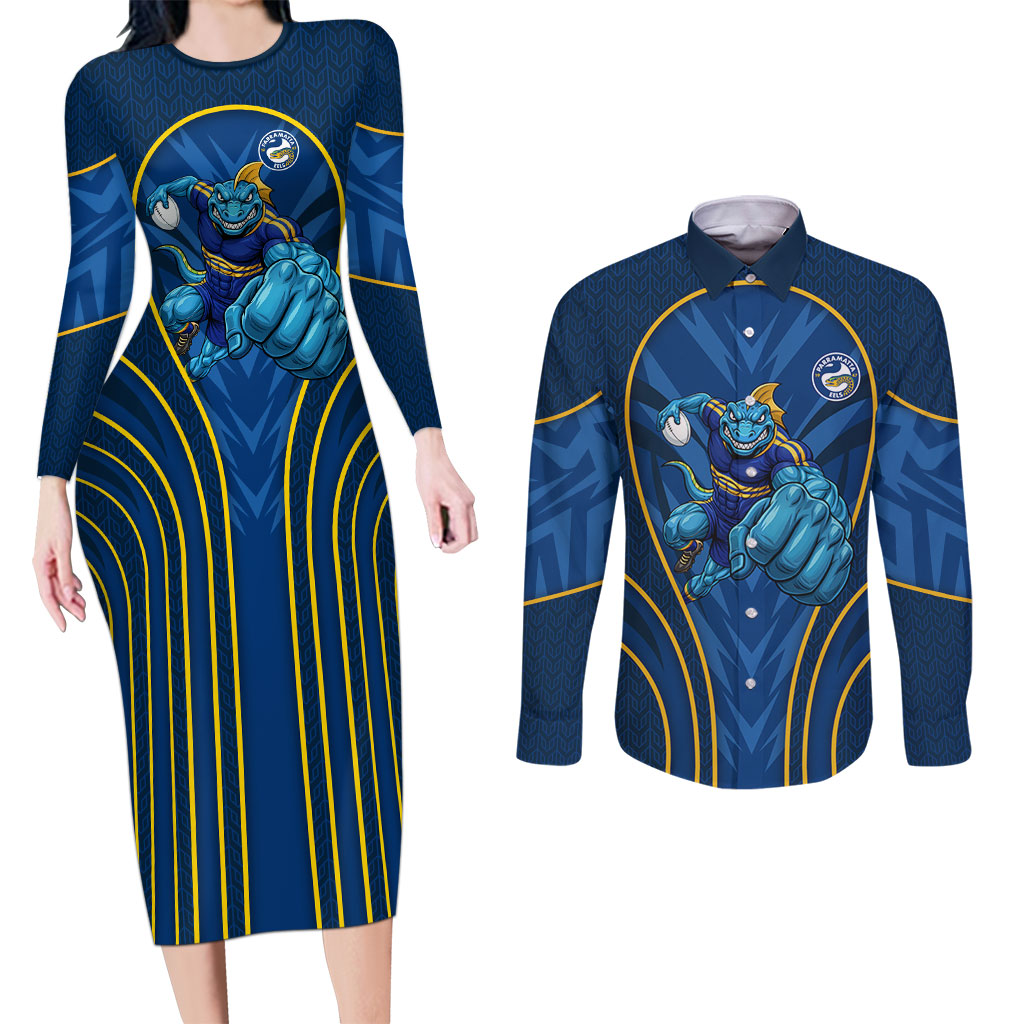 Parramatta Eels Rugby Mascot Couples Matching Long Sleeve Bodycon Dress and Long Sleeve Button Shirt Australian Rugby Culture - Tribal Inspired Eel