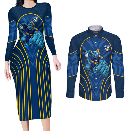Parramatta Eels Rugby Mascot Couples Matching Long Sleeve Bodycon Dress and Long Sleeve Button Shirt Australian Rugby Culture - Tribal Inspired Eel