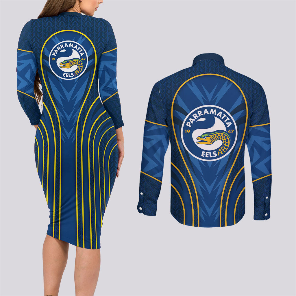 Parramatta Eels Rugby Mascot Couples Matching Long Sleeve Bodycon Dress and Long Sleeve Button Shirt Australian Rugby Culture - Tribal Inspired Eel