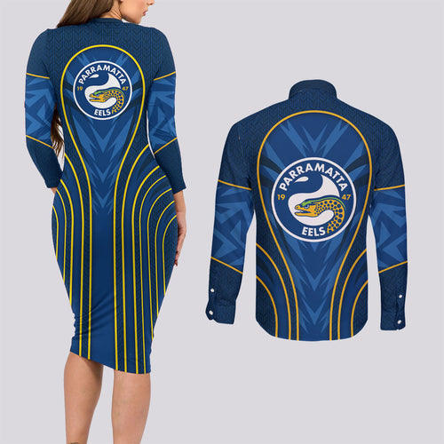 Parramatta Eels Rugby Mascot Couples Matching Long Sleeve Bodycon Dress and Long Sleeve Button Shirt Australian Rugby Culture - Tribal Inspired Eel