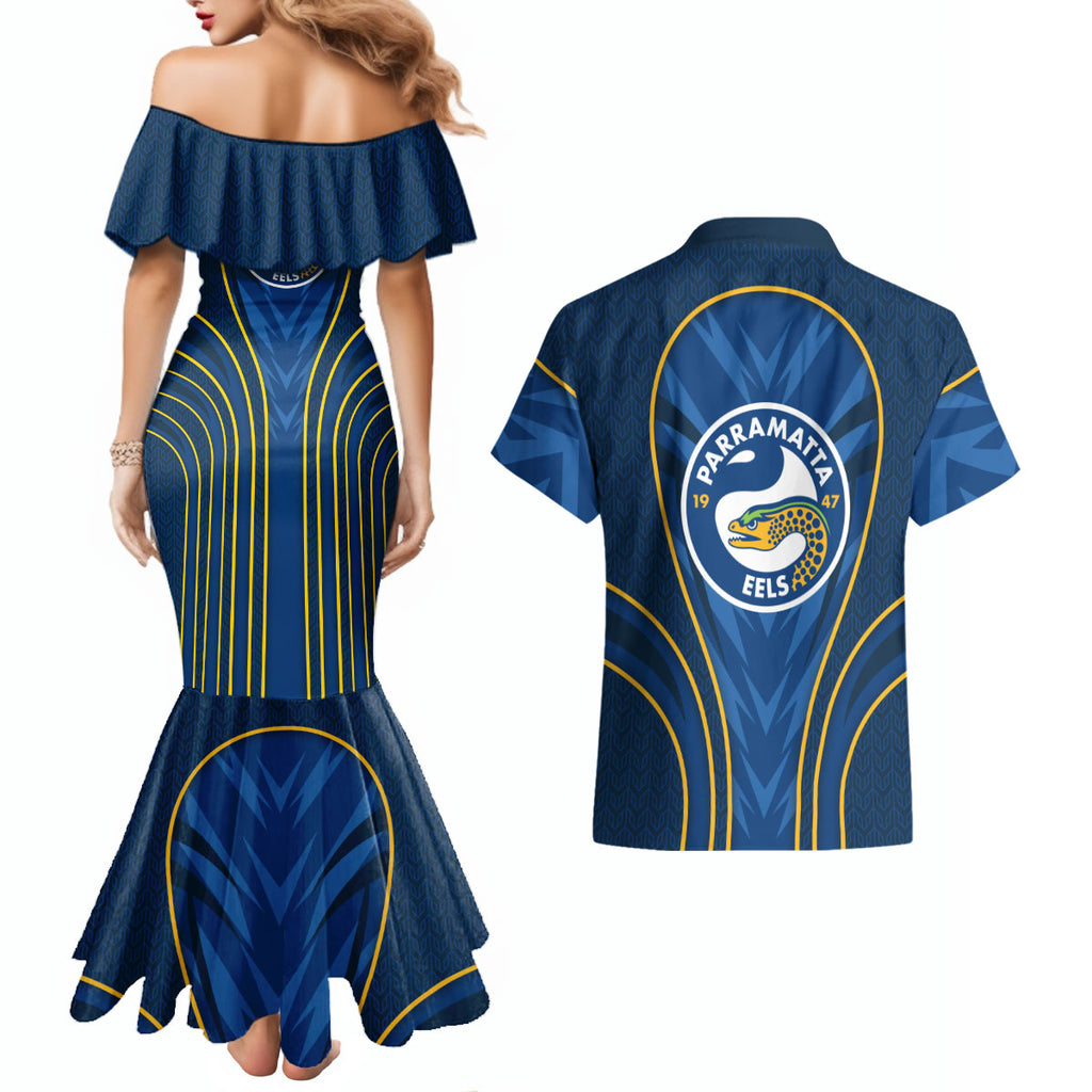 Parramatta Eels Rugby Mascot Couples Matching Mermaid Dress and Hawaiian Shirt Australian Rugby Culture - Tribal Inspired Eel