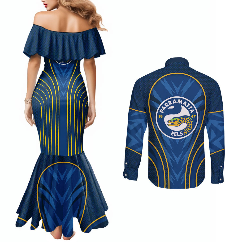 Parramatta Eels Rugby Mascot Couples Matching Mermaid Dress and Long Sleeve Button Shirt Australian Rugby Culture - Tribal Inspired Eel