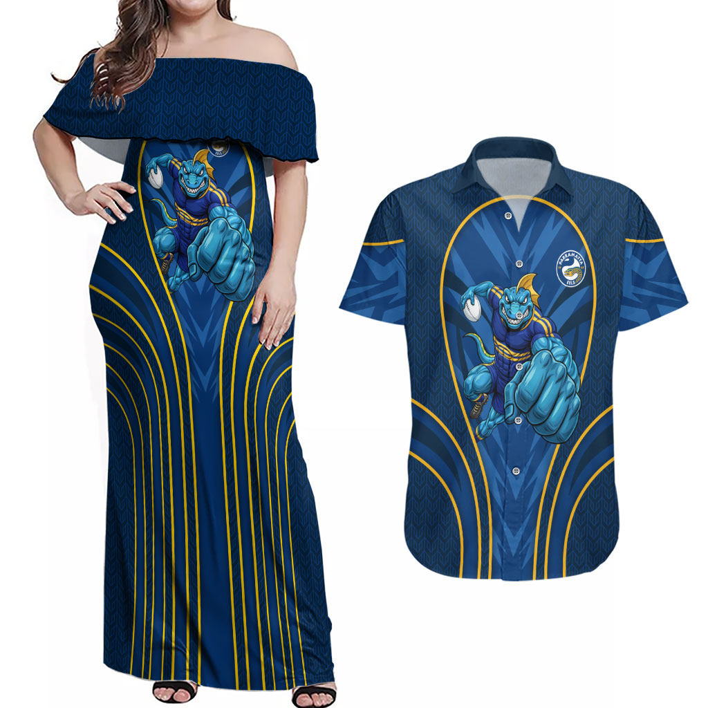 Parramatta Eels Rugby Mascot Couples Matching Off Shoulder Maxi Dress and Hawaiian Shirt Australian Rugby Culture - Tribal Inspired Eel