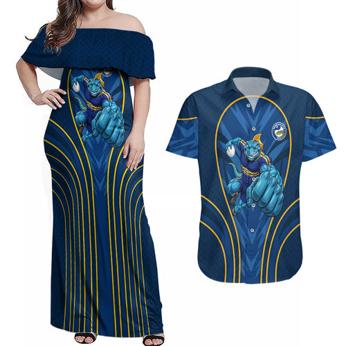 Parramatta Eels Rugby Mascot Couples Matching Off Shoulder Maxi Dress and Hawaiian Shirt Australian Rugby Culture - Tribal Inspired Eel