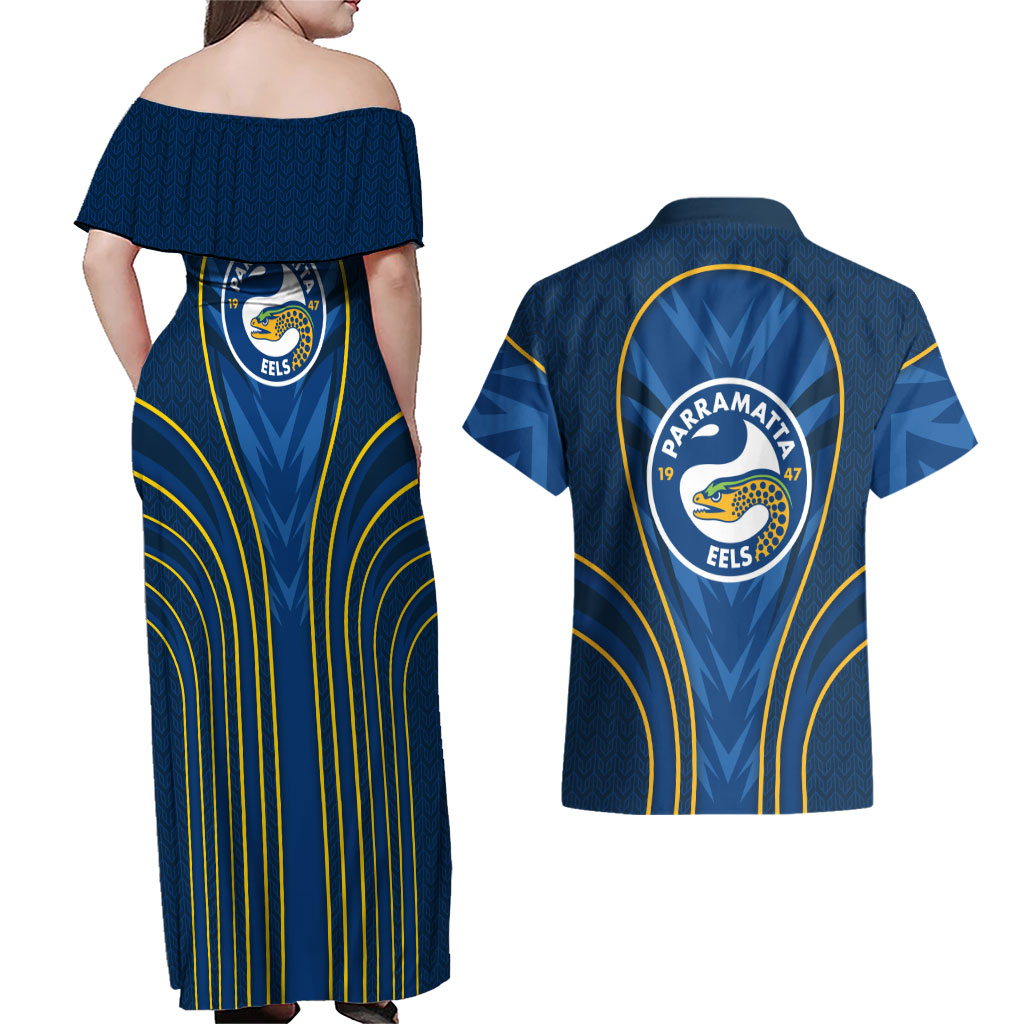 Parramatta Eels Rugby Mascot Couples Matching Off Shoulder Maxi Dress and Hawaiian Shirt Australian Rugby Culture - Tribal Inspired Eel
