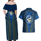 Parramatta Eels Rugby Mascot Couples Matching Off Shoulder Maxi Dress and Hawaiian Shirt Australian Rugby Culture - Tribal Inspired Eel