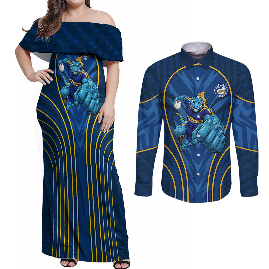 Parramatta Eels Rugby Mascot Couples Matching Off Shoulder Maxi Dress and Long Sleeve Button Shirt Australian Rugby Culture - Tribal Inspired Eel