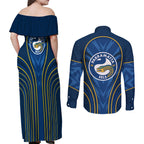 Parramatta Eels Rugby Mascot Couples Matching Off Shoulder Maxi Dress and Long Sleeve Button Shirt Australian Rugby Culture - Tribal Inspired Eel