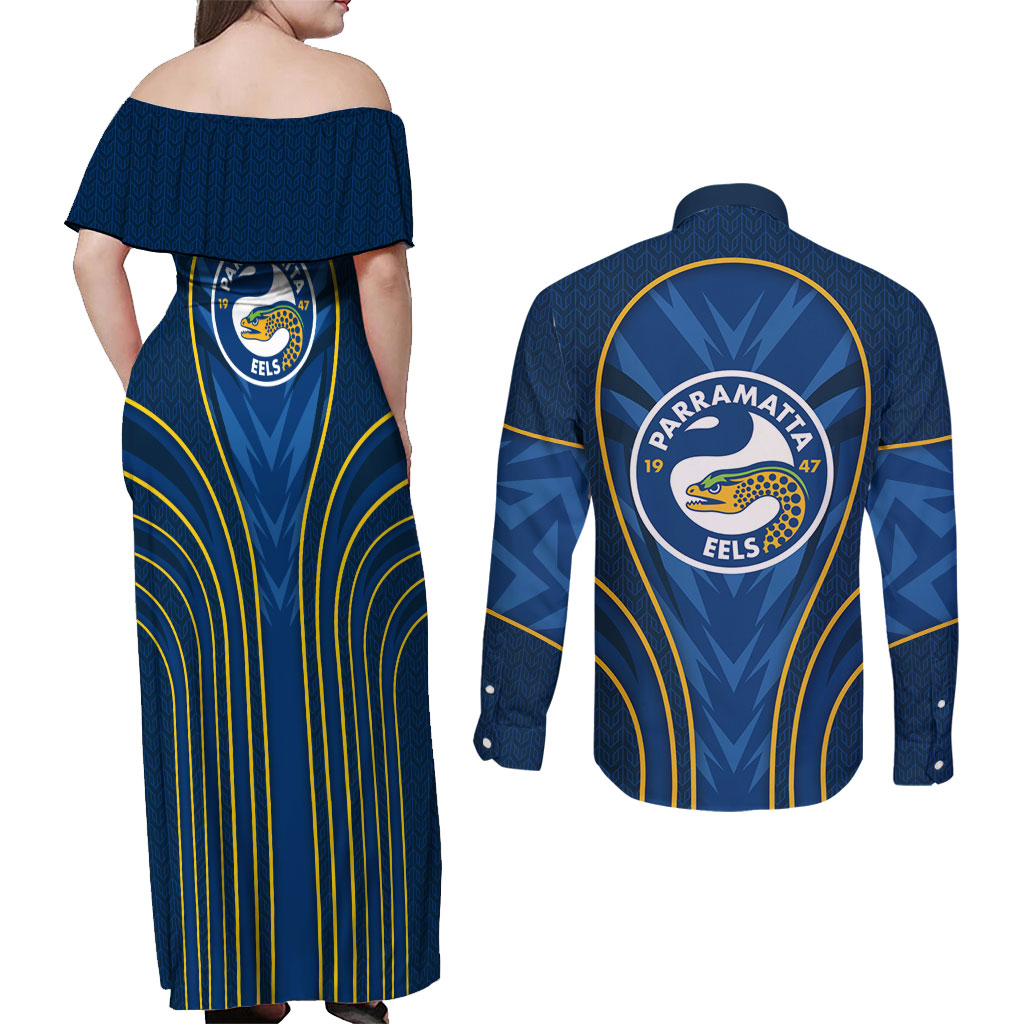 Parramatta Eels Rugby Mascot Couples Matching Off Shoulder Maxi Dress and Long Sleeve Button Shirt Australian Rugby Culture - Tribal Inspired Eel