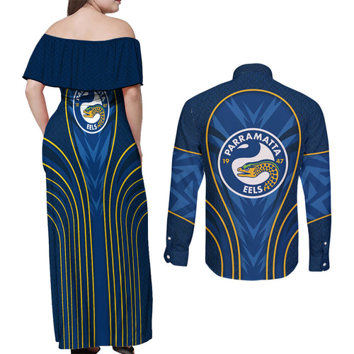 Parramatta Eels Rugby Mascot Couples Matching Off Shoulder Maxi Dress and Long Sleeve Button Shirt Australian Rugby Culture - Tribal Inspired Eel