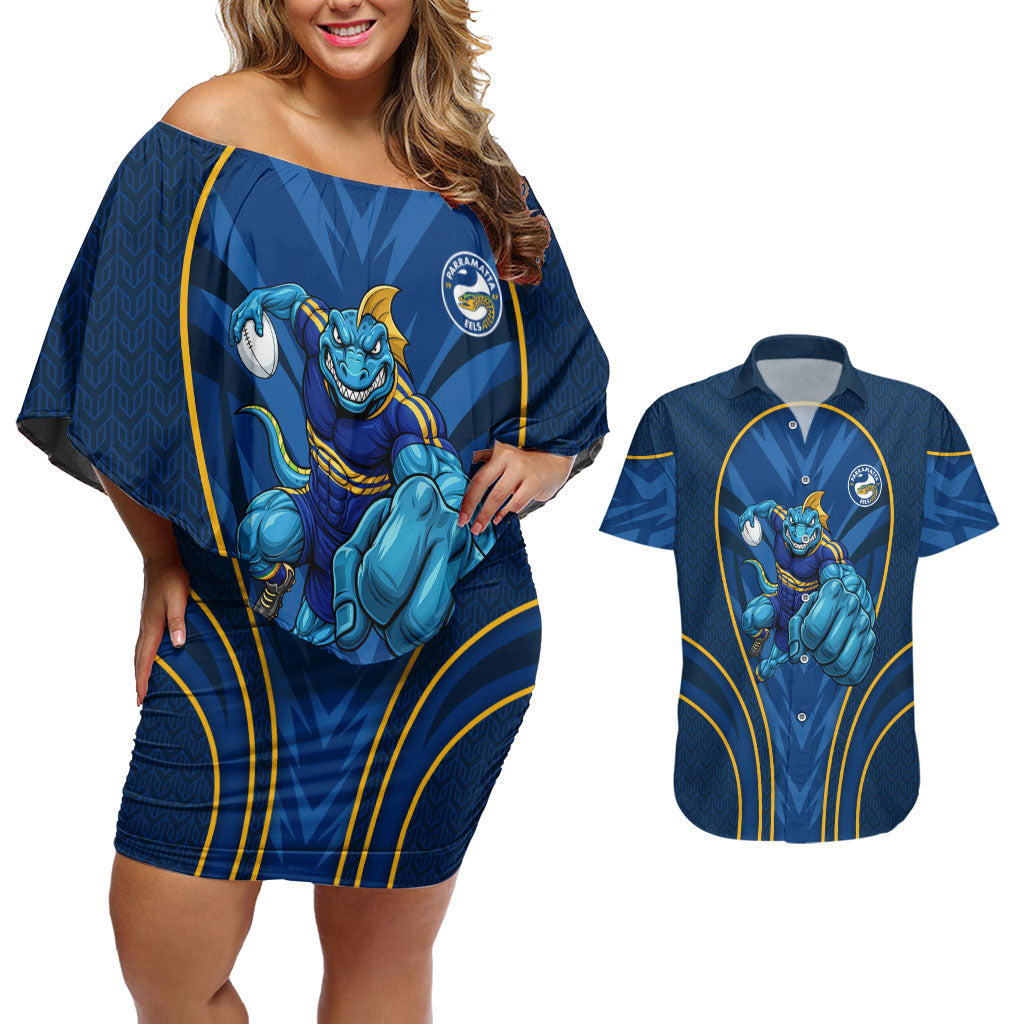 Parramatta Eels Rugby Mascot Couples Matching Off Shoulder Short Dress and Hawaiian Shirt Australian Rugby Culture - Tribal Inspired Eel