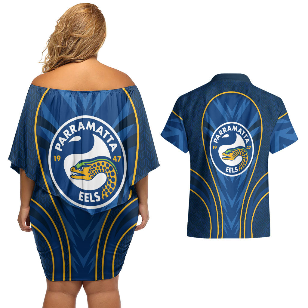 Parramatta Eels Rugby Mascot Couples Matching Off Shoulder Short Dress and Hawaiian Shirt Australian Rugby Culture - Tribal Inspired Eel