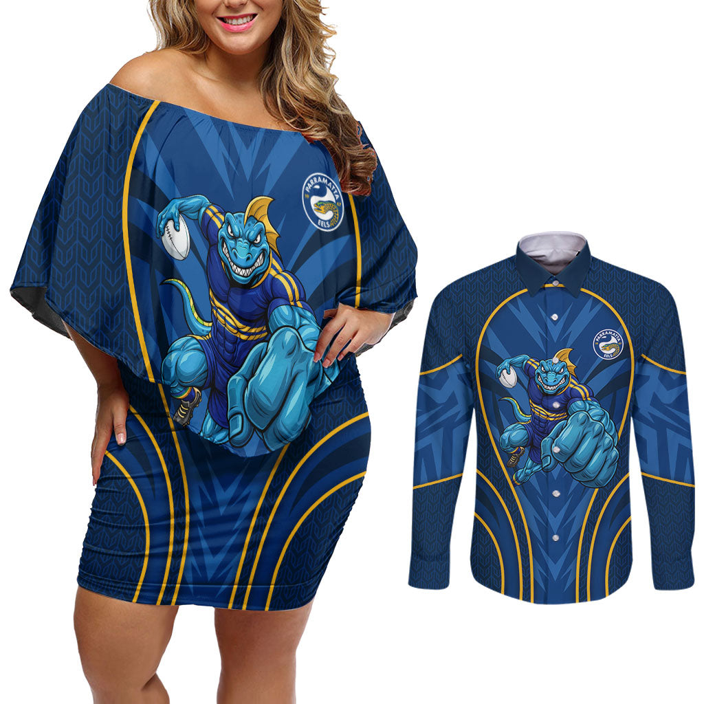 Parramatta Eels Rugby Mascot Couples Matching Off Shoulder Short Dress and Long Sleeve Button Shirt Australian Rugby Culture - Tribal Inspired Eel