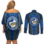 Parramatta Eels Rugby Mascot Couples Matching Off Shoulder Short Dress and Long Sleeve Button Shirt Australian Rugby Culture - Tribal Inspired Eel