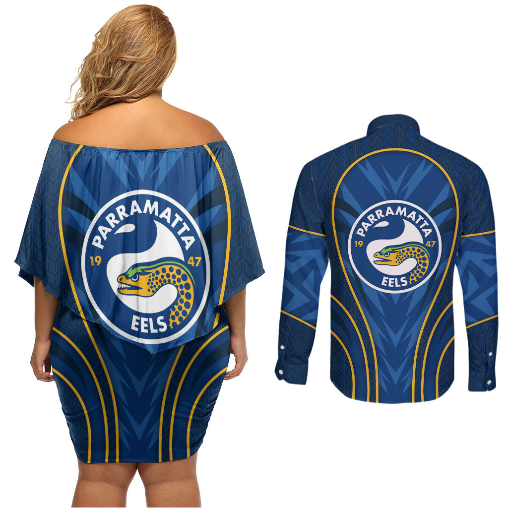 Parramatta Eels Rugby Mascot Couples Matching Off Shoulder Short Dress and Long Sleeve Button Shirt Australian Rugby Culture - Tribal Inspired Eel