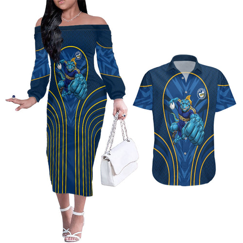 Parramatta Eels Rugby Mascot Couples Matching Off The Shoulder Long Sleeve Dress and Hawaiian Shirt Australian Rugby Culture - Tribal Inspired Eel