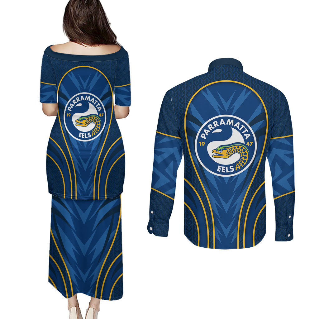 Parramatta Eels Rugby Mascot Couples Matching Puletasi and Long Sleeve Button Shirt Australian Rugby Culture - Tribal Inspired Eel