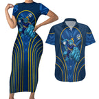Parramatta Eels Rugby Mascot Couples Matching Short Sleeve Bodycon Dress and Hawaiian Shirt Australian Rugby Culture - Tribal Inspired Eel