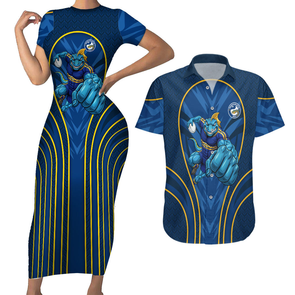 Parramatta Eels Rugby Mascot Couples Matching Short Sleeve Bodycon Dress and Hawaiian Shirt Australian Rugby Culture - Tribal Inspired Eel