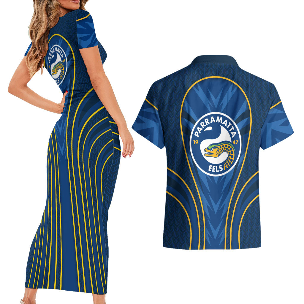 Parramatta Eels Rugby Mascot Couples Matching Short Sleeve Bodycon Dress and Hawaiian Shirt Australian Rugby Culture - Tribal Inspired Eel