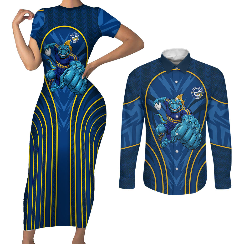 Parramatta Eels Rugby Mascot Couples Matching Short Sleeve Bodycon Dress and Long Sleeve Button Shirt Australian Rugby Culture - Tribal Inspired Eel