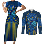 Parramatta Eels Rugby Mascot Couples Matching Short Sleeve Bodycon Dress and Long Sleeve Button Shirt Australian Rugby Culture - Tribal Inspired Eel