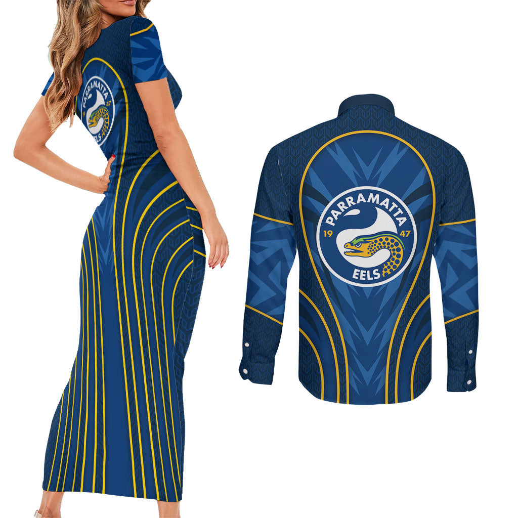Parramatta Eels Rugby Mascot Couples Matching Short Sleeve Bodycon Dress and Long Sleeve Button Shirt Australian Rugby Culture - Tribal Inspired Eel
