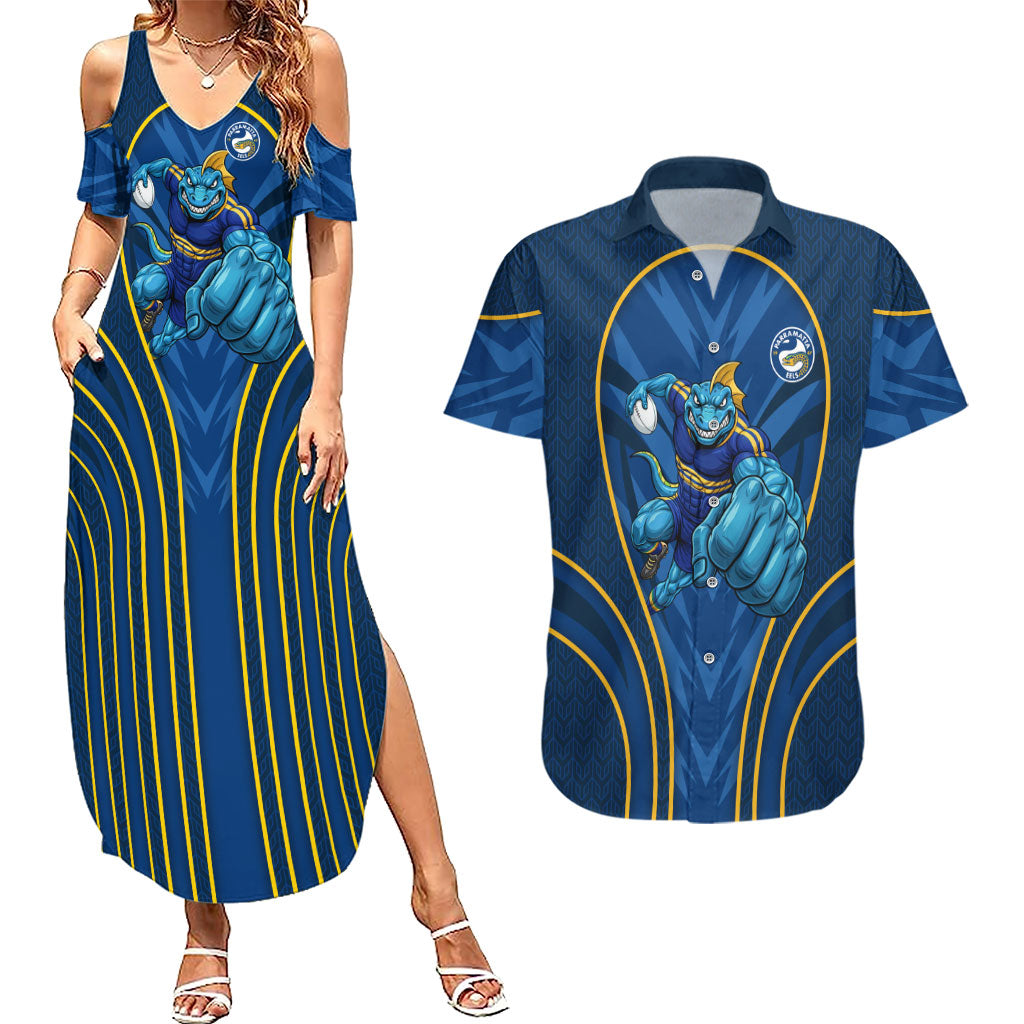 Parramatta Eels Rugby Mascot Couples Matching Summer Maxi Dress and Hawaiian Shirt Australian Rugby Culture - Tribal Inspired Eel