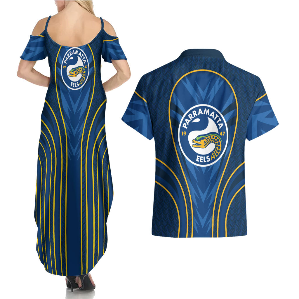 Parramatta Eels Rugby Mascot Couples Matching Summer Maxi Dress and Hawaiian Shirt Australian Rugby Culture - Tribal Inspired Eel