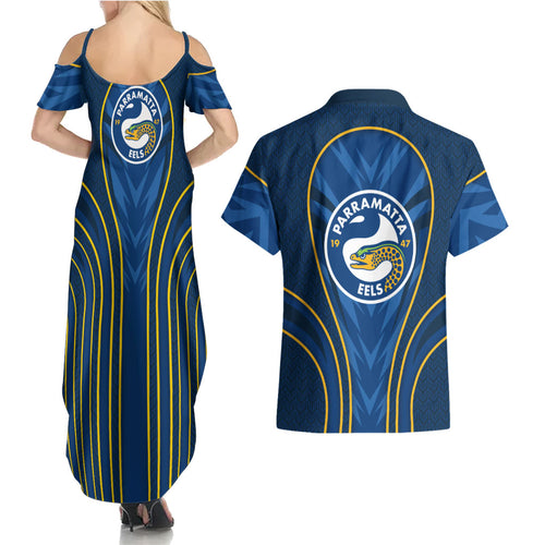 Parramatta Eels Rugby Mascot Couples Matching Summer Maxi Dress and Hawaiian Shirt Australian Rugby Culture - Tribal Inspired Eel