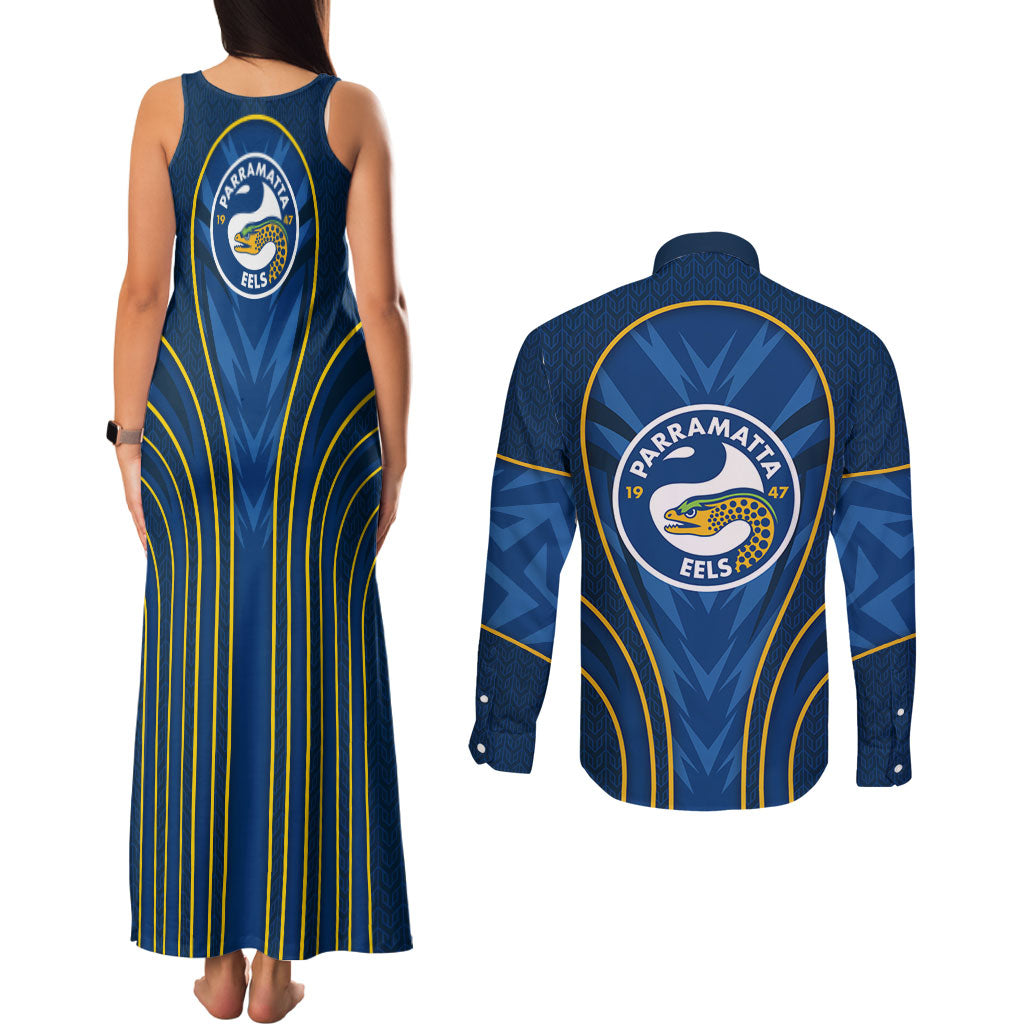 Parramatta Eels Rugby Mascot Couples Matching Tank Maxi Dress and Long Sleeve Button Shirt Australian Rugby Culture - Tribal Inspired Eel