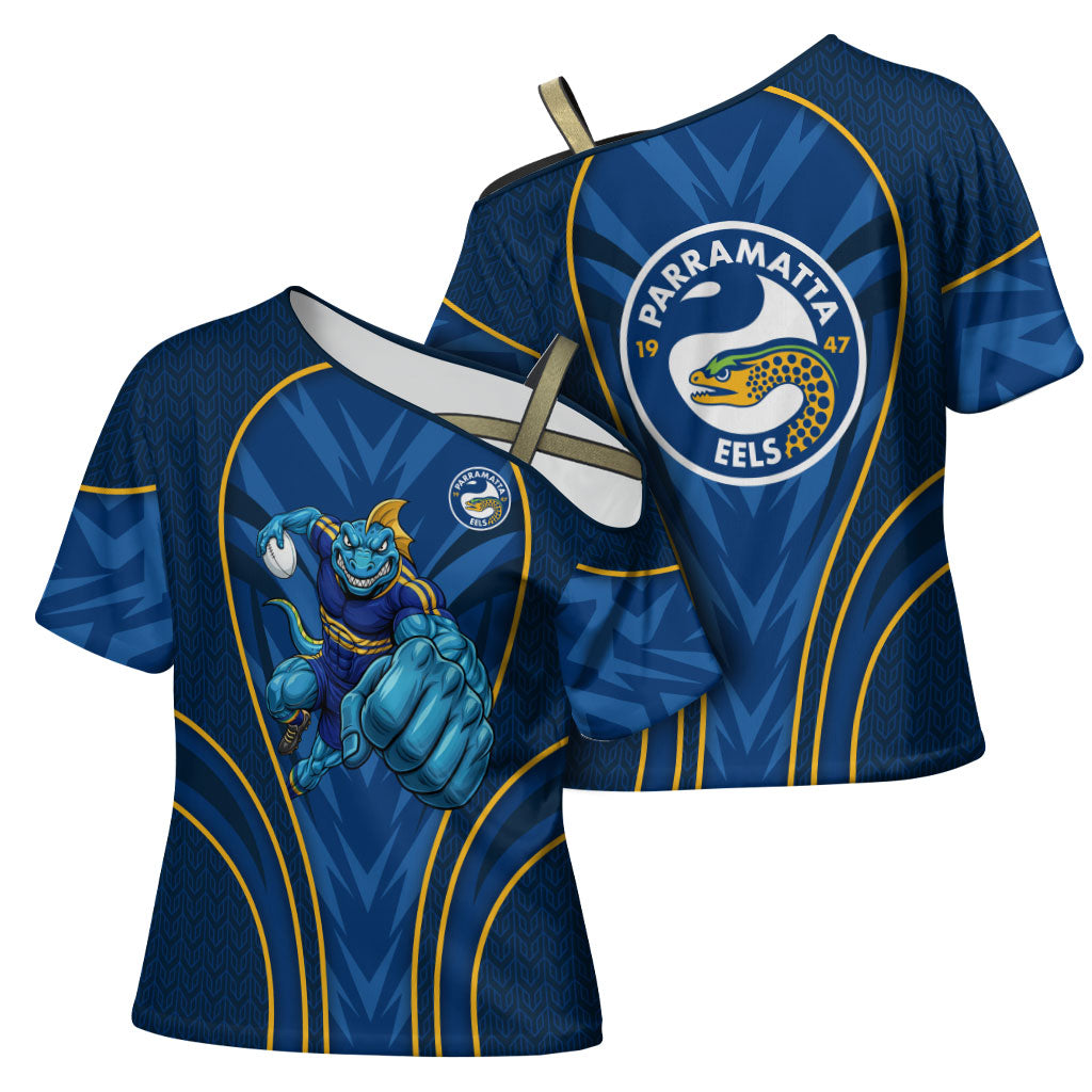 Parramatta Eels Rugby Mascot Cross Shoulder Shirt Australian Rugby Culture - Tribal Inspired Eel