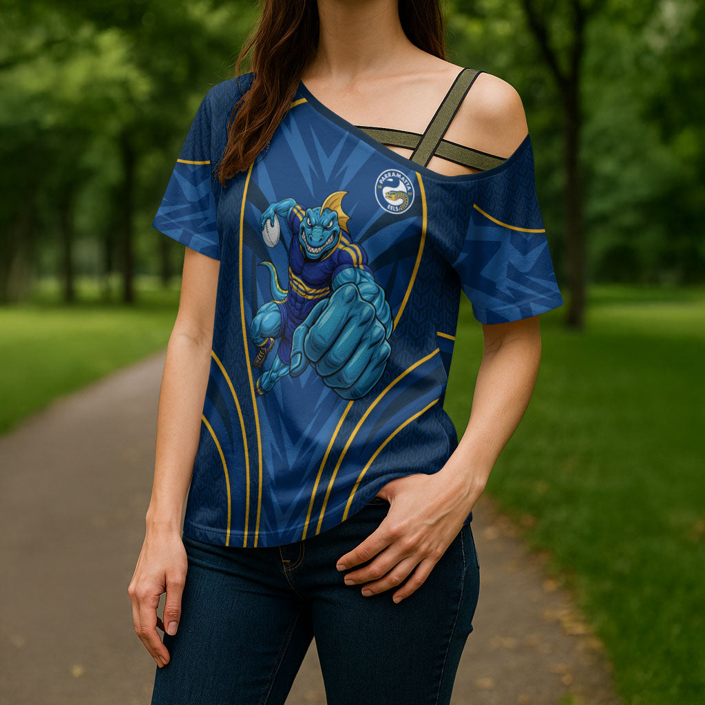 Parramatta Eels Rugby Mascot Cross Shoulder Shirt Australian Rugby Culture - Tribal Inspired Eel