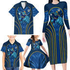 Parramatta Eels Rugby Mascot Family Matching Long Sleeve Bodycon Dress and Hawaiian Shirt Australian Rugby Culture - Tribal Inspired Eel