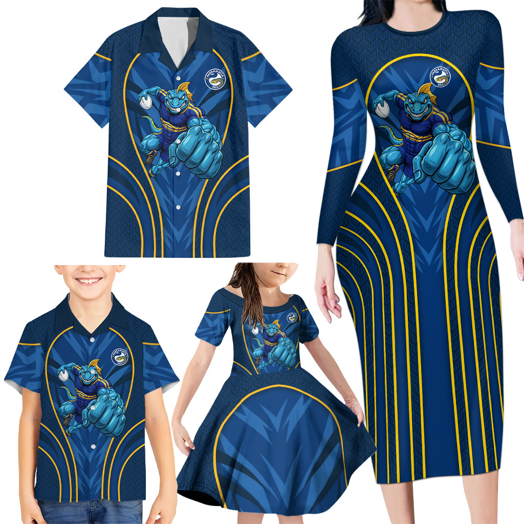 Parramatta Eels Rugby Mascot Family Matching Long Sleeve Bodycon Dress and Hawaiian Shirt Australian Rugby Culture - Tribal Inspired Eel