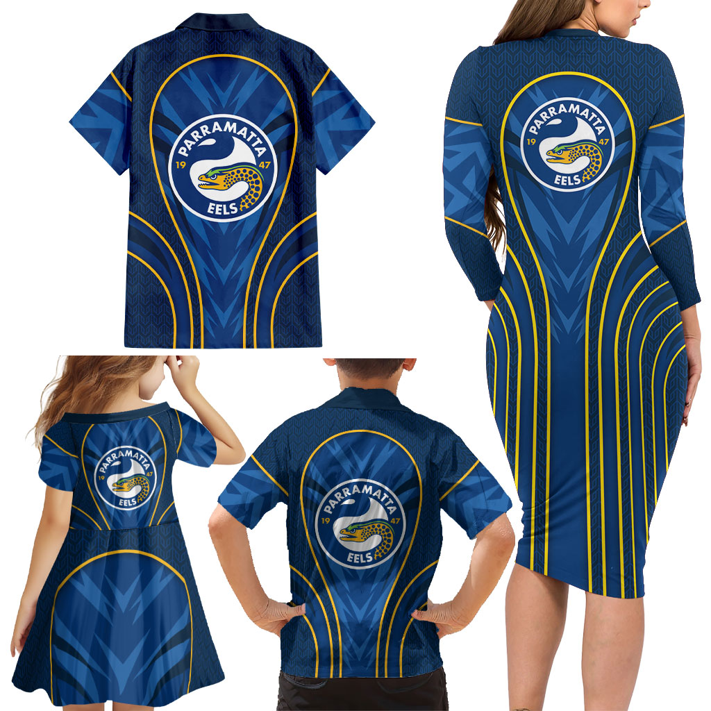 Parramatta Eels Rugby Mascot Family Matching Long Sleeve Bodycon Dress and Hawaiian Shirt Australian Rugby Culture - Tribal Inspired Eel