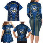 Parramatta Eels Rugby Mascot Family Matching Long Sleeve Bodycon Dress and Hawaiian Shirt Australian Rugby Culture - Tribal Inspired Eel