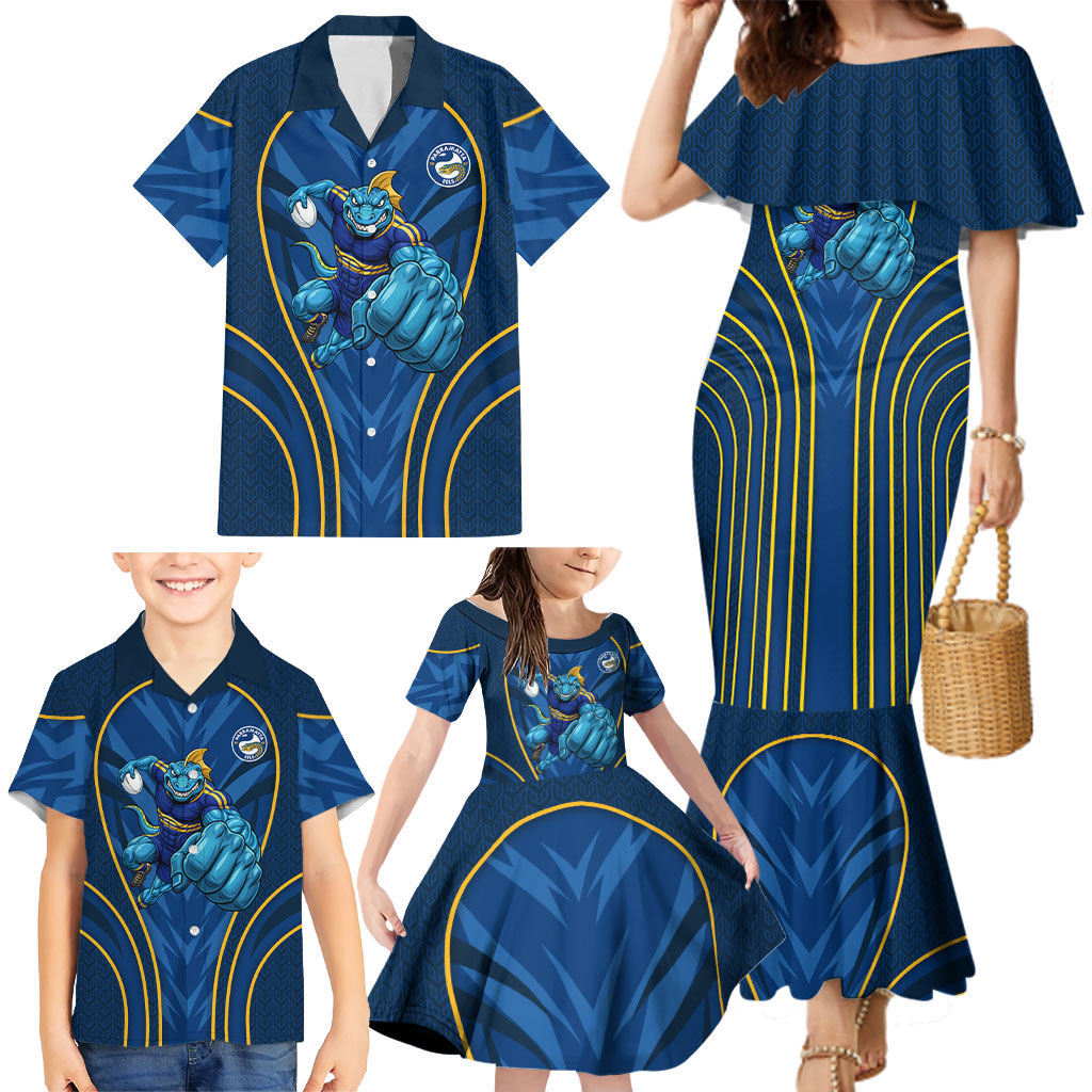 Parramatta Eels Rugby Mascot Family Matching Mermaid Dress and Hawaiian Shirt Australian Rugby Culture - Tribal Inspired Eel
