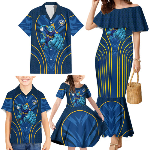 Parramatta Eels Rugby Mascot Family Matching Mermaid Dress and Hawaiian Shirt Australian Rugby Culture - Tribal Inspired Eel