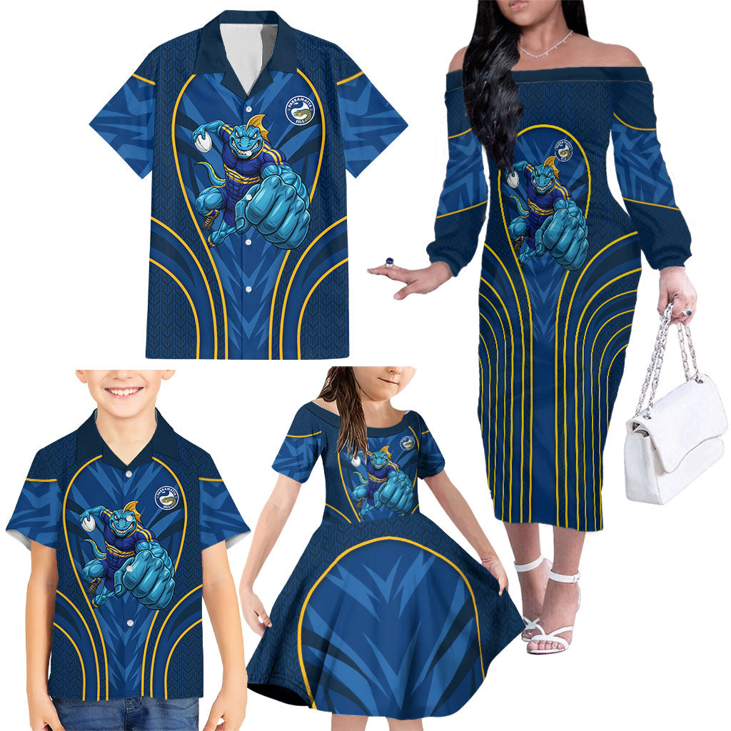 Parramatta Eels Rugby Mascot Family Matching Off The Shoulder Long Sleeve Dress and Hawaiian Shirt Australian Rugby Culture - Tribal Inspired Eel
