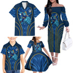 Parramatta Eels Rugby Mascot Family Matching Off The Shoulder Long Sleeve Dress and Hawaiian Shirt Australian Rugby Culture - Tribal Inspired Eel
