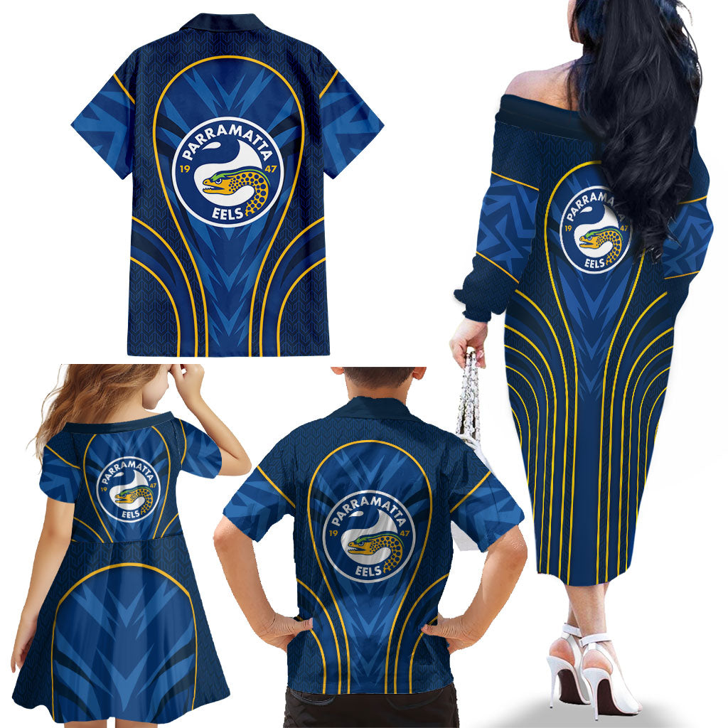 Parramatta Eels Rugby Mascot Family Matching Off The Shoulder Long Sleeve Dress and Hawaiian Shirt Australian Rugby Culture - Tribal Inspired Eel