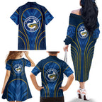 Parramatta Eels Rugby Mascot Family Matching Off The Shoulder Long Sleeve Dress and Hawaiian Shirt Australian Rugby Culture - Tribal Inspired Eel
