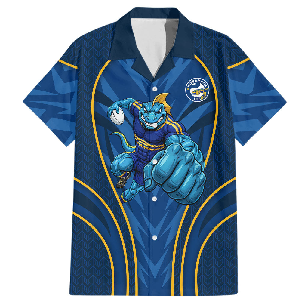 Parramatta Eels Rugby Mascot Family Matching Off The Shoulder Long Sleeve Dress and Hawaiian Shirt Australian Rugby Culture - Tribal Inspired Eel